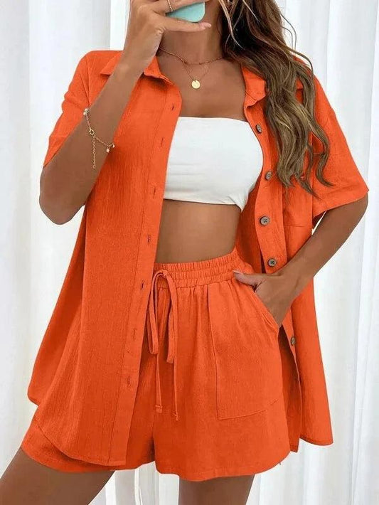 Long Sleeve Single breasted Top Broad legged Shorts Set Fashion Ladies Sexy Solid Suits 2023 Summer 2 Piece Outfits For Women - loveyourstyles.com