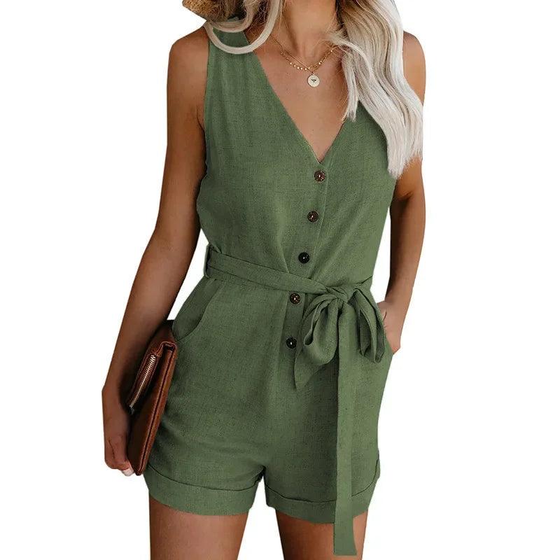 Women's Casual V-neck Monochromatic Jumpsuit, Five-Point Shorts, European and American, Summer, New, 2022 - loveyourstyles.com